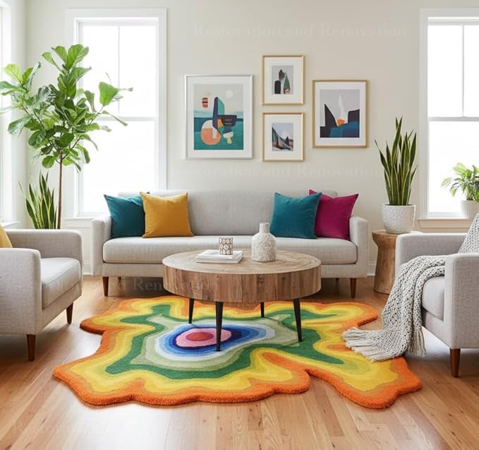 Irregular Shaped Handmade Wool Area Rug | Modern Colourful Stripe Premium Carpet | Perfect for Living Room, Bedroom, Dining Room & Home Decor (Rainbow, 9x9 ft)