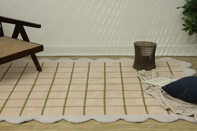 Scalloped Border Wool Area Rug with Windowpane Grid, Hand-Tufted, Beige-Blush with Sage Lines & Light Purple Edge - Soft High-Low Pile for Living Room, Bedroom, Nursery - 2x3 Ft