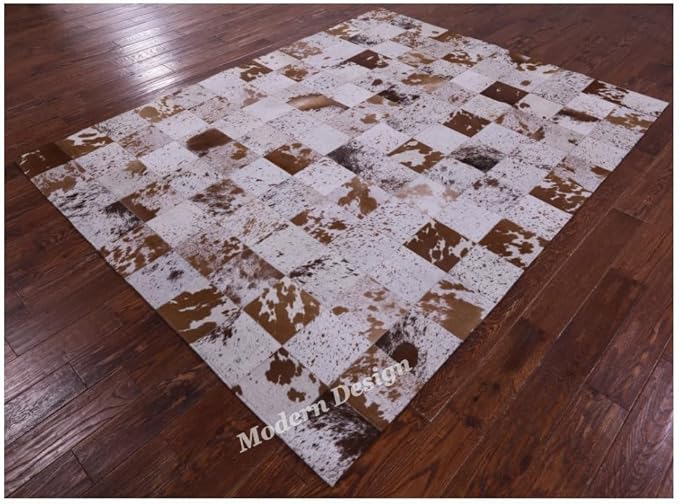 Modern Design Premium Cowhide Leather Carpet with Chevron Pattern, Area Rug (White/Brown, 12x15)