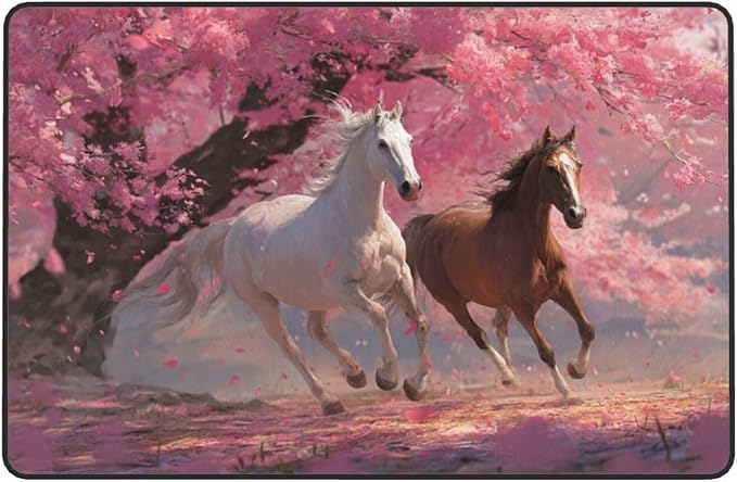 Galloping Horse Cherry Blossom Area Rug Washable Outdoor Rugs Anti-Slip Soft Carpet Entryway Indoor Door Mat for Bedroom,Living Room,Porch,Terrace and Entrance Decor 8'x 5'