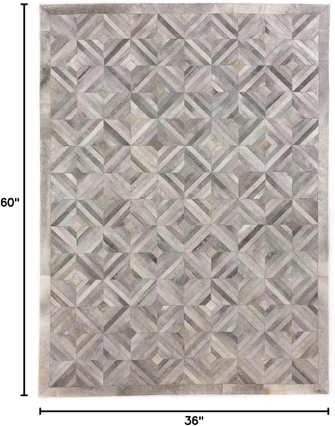 Premium Diamond Pattern Leather Area Rug, Geometric Cowhide Patchwork Carpet - 3X5 ft, Luxury Beige and Grey Non-Slip Floor Accent for Dining Room, Living Room, Hallway