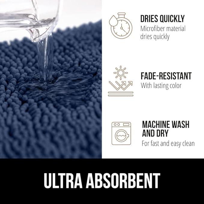 GORILLA GRIP Bath Rug Mat, Thick Soft Absorbent Chenille, Quick Dry Microfiber Mats, Rubber Backing Washable Shower Floor Rugs, US Designed Bathroom Bathmat Home Decor Accessories, 24x17, Navy