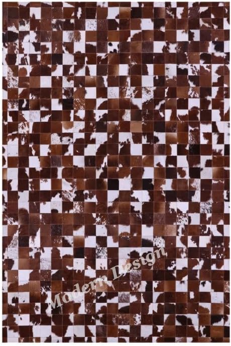 Modern Design Premium Cowhide Leather Carpet with Chevron Pattern, Area Rug (Brwon/White, 9x12)