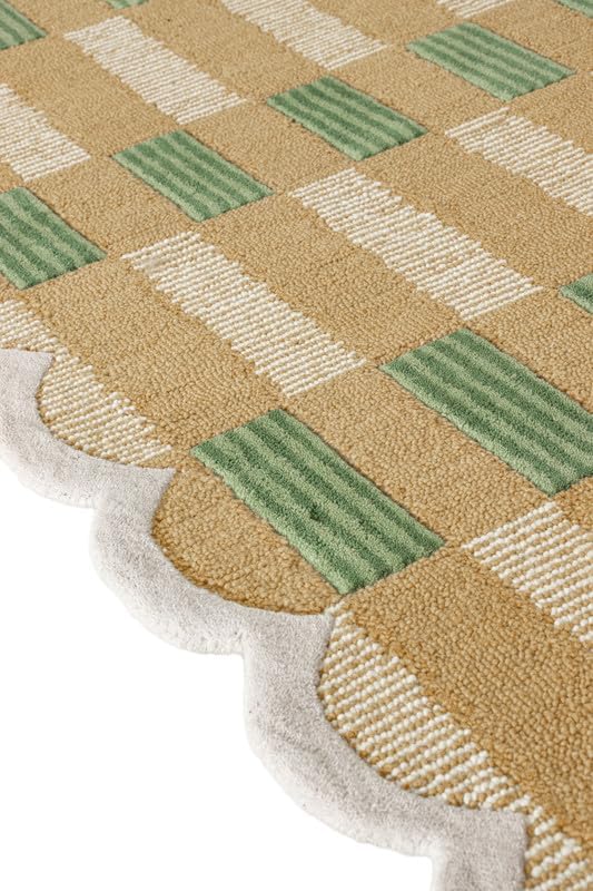 Hand-Tufted Wool Area Rug with Scalloped Edges, Beige and Green Plaid Pattern, Cozy and Soft Accent Rug for Living Room, Bedroom, and Nursery, Handmade Decorative Rug, 8x10 Ft