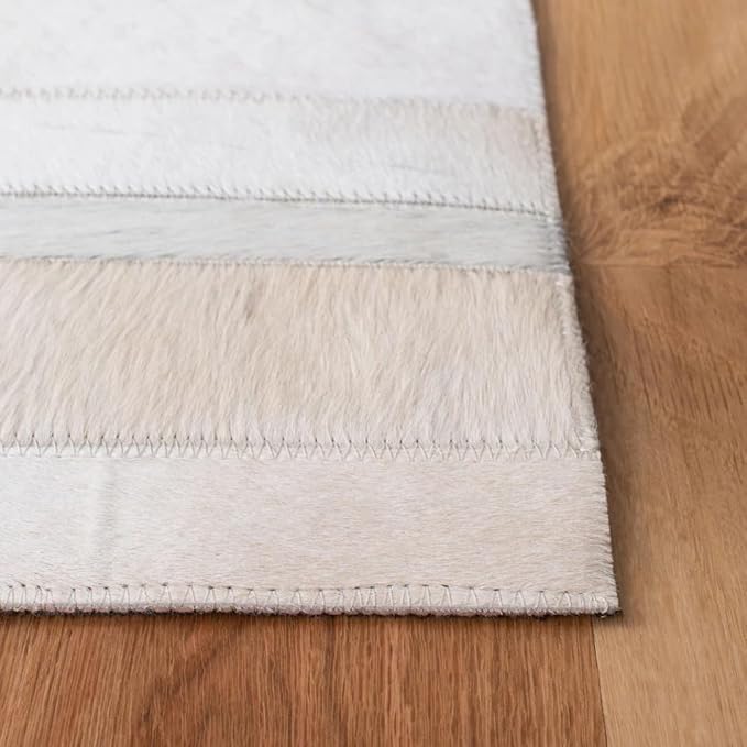 Cowhide Leather Rug for Living Room 5x8 Natural Leather Rug Modern Stripes Style Floor Carpet for Home Decor | Superior Indoor Area Rug, White