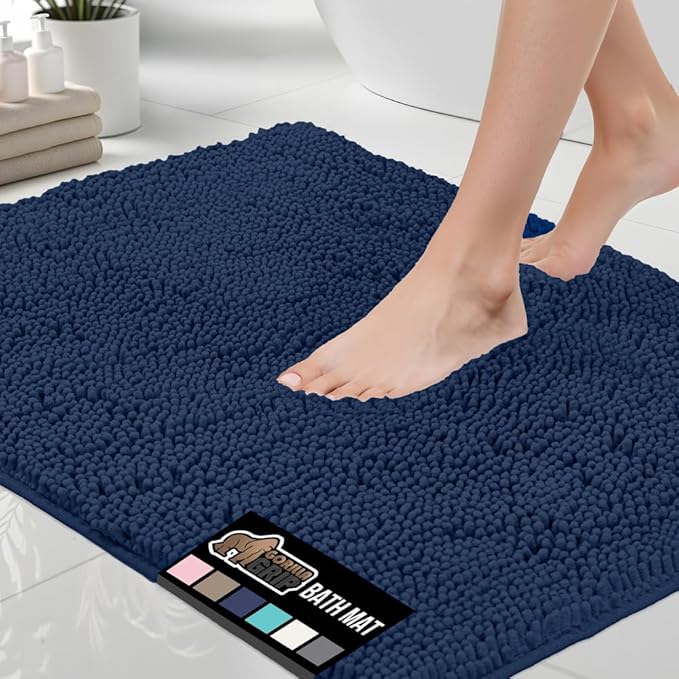 GORILLA GRIP Bath Rug Mat 42x24, Soft Absorbent Chenille, Quick Dry Microfiber Mats, Rubber Backing Washable Shower Floor Rugs, Bathmat Runner, US Designed Bathroom Home Decor Accessories Navy Blue