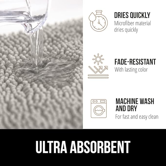 GORILLA GRIP Bath Rug Mat 48x24, Soft Absorbent Chenille, Quick Dry Microfiber Mats, Rubber Backing Washable Shower Floor Rugs, Bathmat Runner, US Designed Bathroom Home Decor Accessories Light Gray