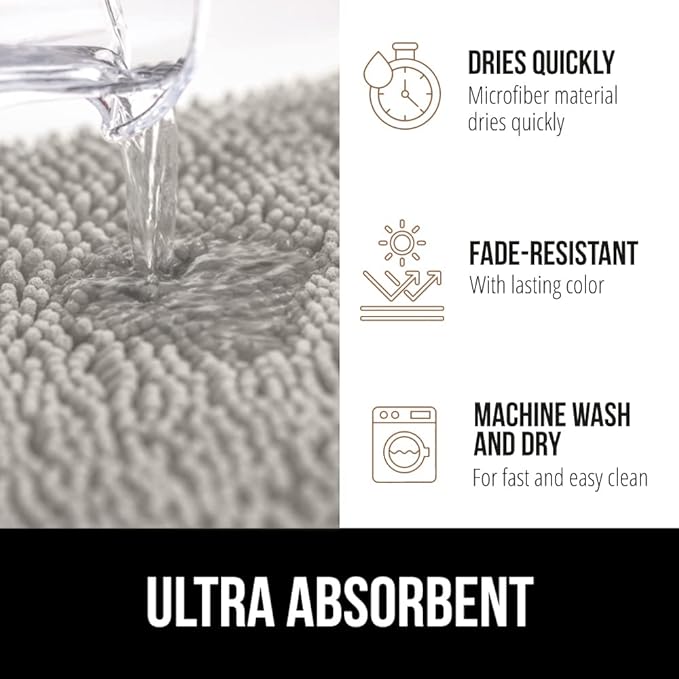 GORILLA GRIP Bath Rug Mat 42x24, Soft Absorbent Chenille, Quick Dry Microfiber Mats, Rubber Backing Washable Shower Floor Rugs, Bathmat Runner, US Designed Bathroom Home Decor Accessories Light Gray