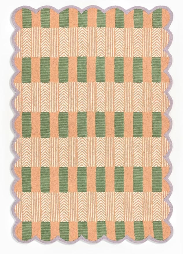 Handmade Scalloped Wool Area Rug - Modern Geometric Pattern, Green-Beige Stripes, Checkered Chevron Design - Soft, Durable Thick Carpet for Living Room, Bedroom (Beige, 9' x 12')