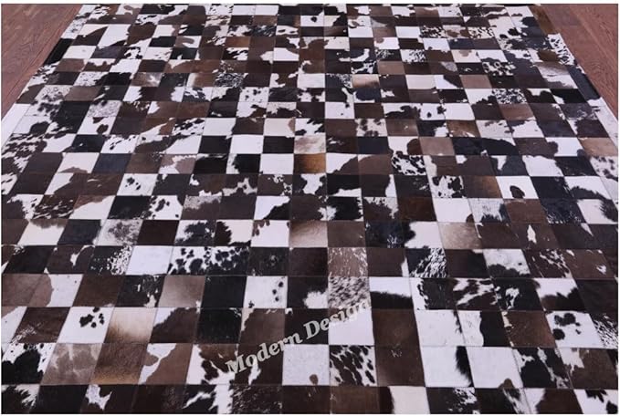 Modern Design Premium Cowhide Leather Carpet with Chevron Pattern, Area Rug (Brown/White-1, 3x10)