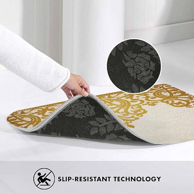 Floral Border Bath Mats for Bathroom Vintage Gold Flower Border Retro Victorian Style Pattern Floor Bath Rugs Machine Washable Bathmat Carpet Rug Room Decor for Shower Floor 20 X 31 Inch Mat