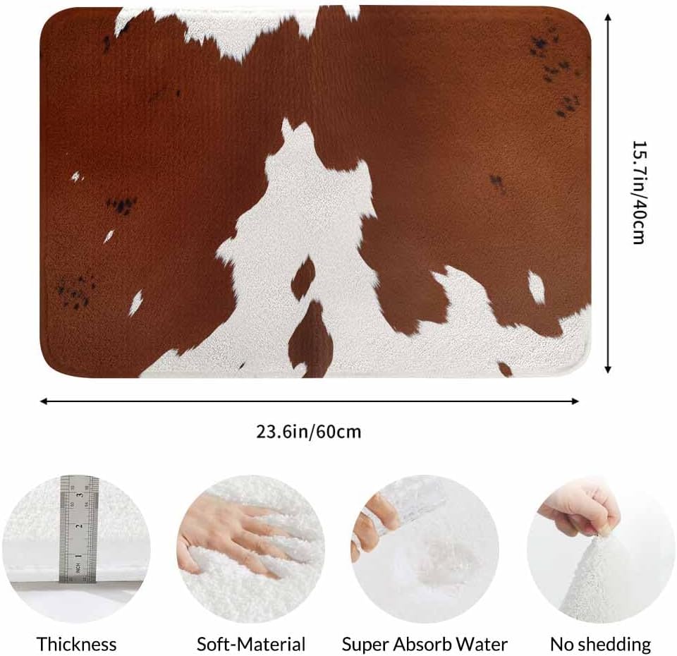 Cowhide Bathroom Mat Rugs Farm Animal Brown Cowhide Print Cow Microfiber Faux Cashmere Thick Plush Bath Mat Non-Slip Water Absorbent Bath Carpet for Bathtub Bathroom Floor Tub 16X24 Inch