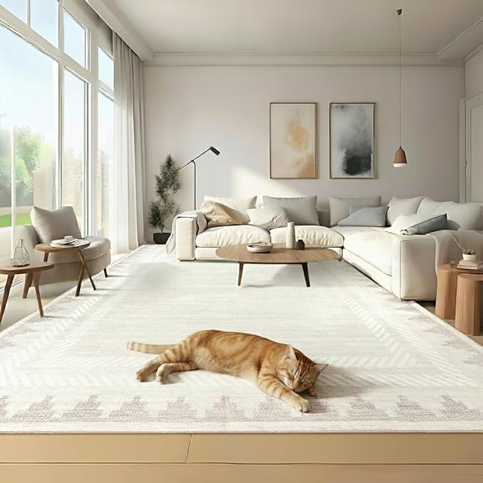 RUGSREAL Machine Washable 5×7 Low Pile Area Rug for Living Room Dining Room Modern Bordered Non Slip Soft Indoor Carpet Foldable Stain Resistant Non-Shedding Rugs for Bedrrom Office Decor, Beige
