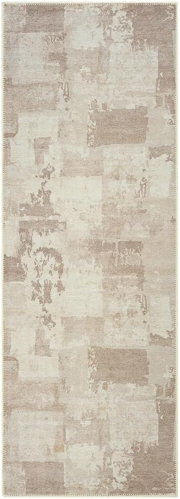 GLN Rugs Contemporary Collection - Machine Washable Area Rug, Contemporary Washable, Non Slip, Low Pile Chenille Rug, Living Room, Bedroom, Kitchen Rug (2'6" x 7' Abstract Tan)