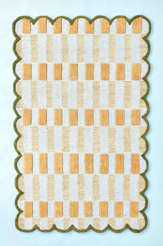 Hand-Tufted Wool Area Rug with Scalloped Edges, Beige and Green Plaid Pattern, Cozy and Soft Accent Rug for Living Room, Bedroom, and Nursery, Handmade Decorative Rug