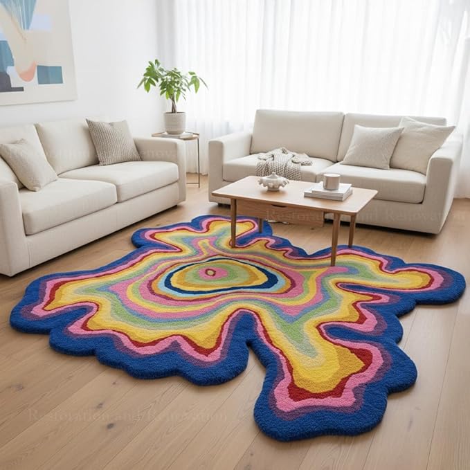 Irregular Shaped Handmade Wool Rug | Modern Colourful Stripe Premium Area Rug Perfect for Home Decor (IR-C, 6x6 ft)