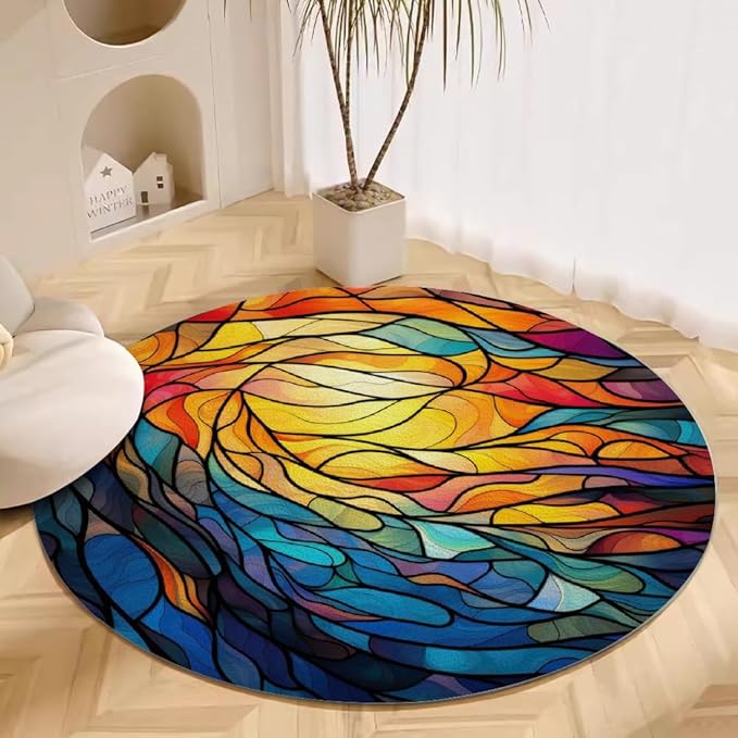 Abstract Colorful Pattern Round Rug Vintage Church Glass Area Rug Washable Soft Non-Slip Floor Carpet Low Pile Accent Rugs for Entryway Living Room Dining Room Bedroom Home Office 5ft