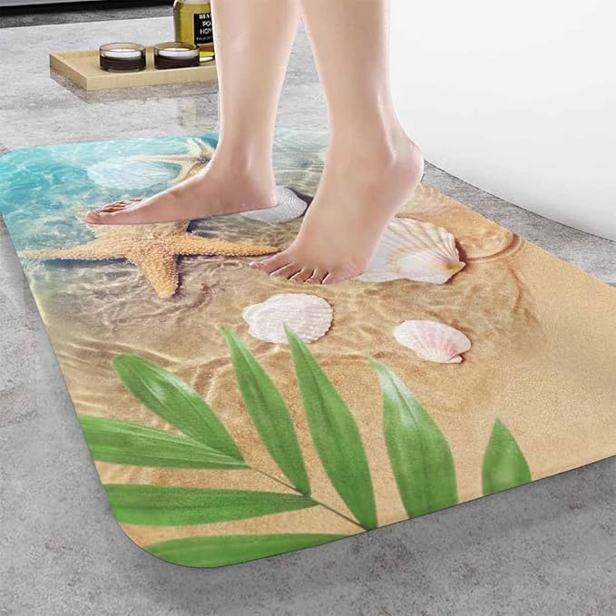 Palm Starfish Seashell Bath Mats for Bathroom Summer Beach Sea Sand Water Floor Bath Rugs Machine Washable Bathmat Carpet Rug Room Decor for Shower Floor 20 X 31 Inch Mat