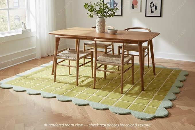 Checkered Wool Area Rug with Scalloped Border, Chartreuse Green & Cream Grid, Hand-Tufted, Soft Cut Pile, Modern Cottagecore Living Room, Bedroom & Nursery Carpet - 7x11 Ft