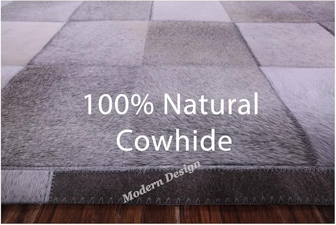 Modern Design Premium Cowhide Leather Carpet with Chevron Pattern, Area Rug (Grey, 6x9)