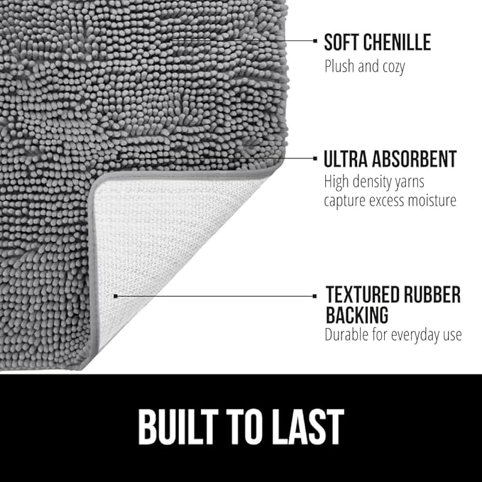 GORILLA GRIP Plush Absorbent Shaggy Chenille Bath Rug Mat for Square Toilet Base with Rubber Backing, Machine Washable Rugs, Soft Microfiber Contour Mats for Toilets, Bathroom Decor, Grey