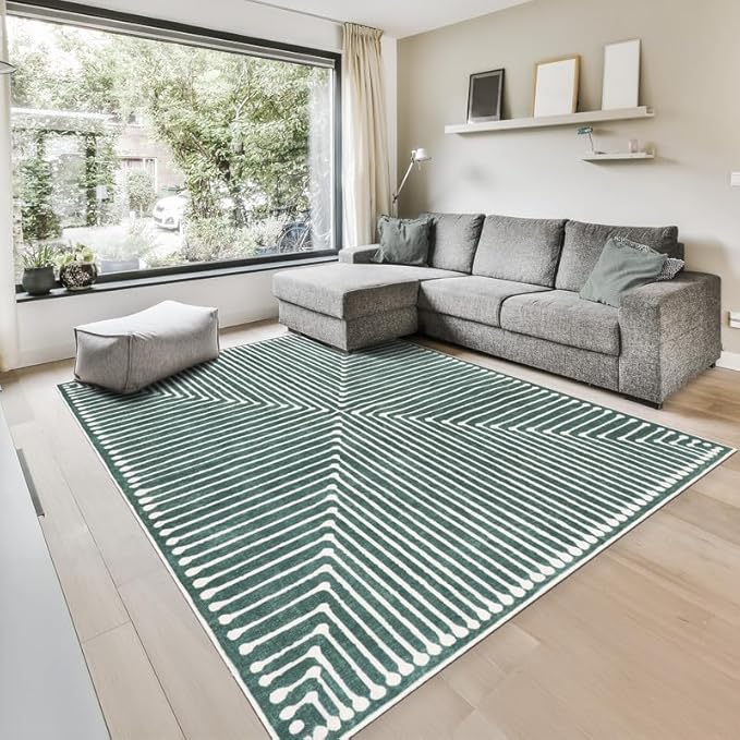GLN Rugs Contemporary Collection - Machine Washable Area Rug, Contemporary Washable, Non Slip, Low Pile Chenille Rug, Living Room, Bedroom, Kitchen Rug (4' x 6' Beige Green)