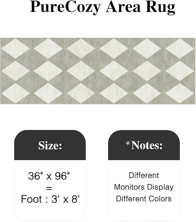 3x8 Runner Checkered Rug for Hallways Grey Washable Long Carpet Non-Slip Low Pile Boho Indoor Accent Throw Rug for Entrance Kitchen Bedroom Dining Laundry