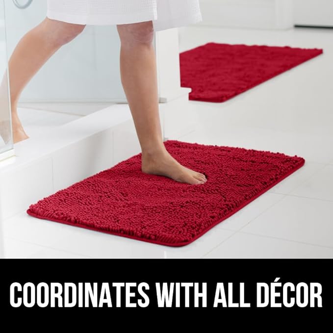 GORILLA GRIP Bath Rug Mat, Thick Soft Absorbent Chenille, Quick Dry Microfiber Mats, Rubber Backing Washable Shower Floor Rugs, US Designed Bathroom Bathmat Home Decor Accessories, 24x17, Red