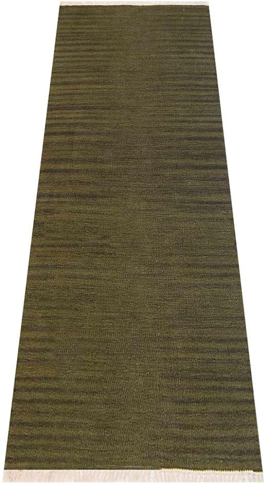 Rugsotic Carpets Hand Woven Flat Weave Kilim Wool ECO-Friendly Area Rugs - 2'6''x10', Runner Shape, Olive Color, Solid Plain Design, Low Pile Handmade Area Rugs for Living Room, Bed Room (D00111)