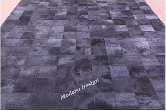 Modern Design Premium Cowhide Leather Carpet with Chevron Pattern, Area Rug (Black, 5x8)