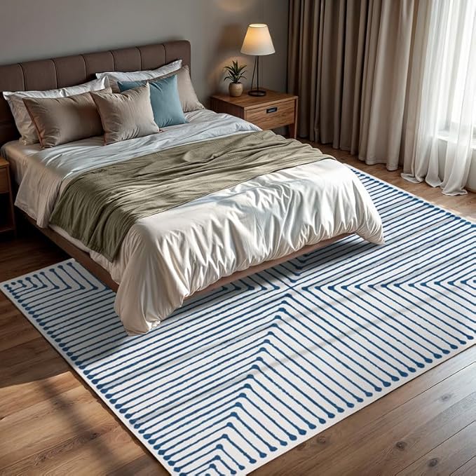 GLN Rugs Contemporary Collection - Machine Washable Area Rug, Contemporary Washable, Non Slip, Low Pile Chenille Rug, Living Room, Bedroom, Kitchen Rug (3' x 5' Blue Ivory)