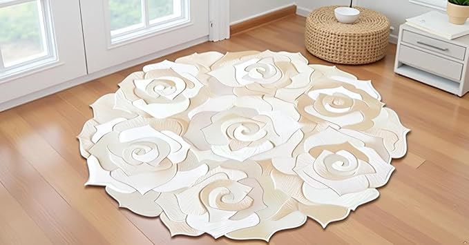 Round Floral Area Rug – Elegant Textured Rose Design – Soft Decorative Circle Mat with Non-Slip Backing for Living Room, Bedroom, Nursery, or Entryway (White_6x6 ft)