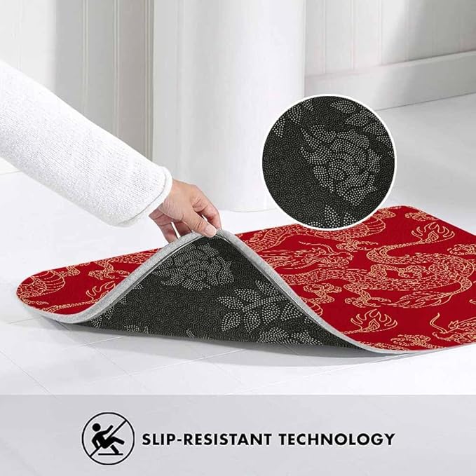 Dragon Bath Mat for Bathroom Traditional Flying Mascot Animal Chinese Dragons Red Bath Rugs Door Mat Non Slip Rubber Backed Bathroom Floor Mat for Bathtub Sink Shower 16"X24"