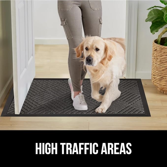 GORILLA GRIP 100% Waterproof All-Season WeatherMax Doormat US Designed Natural Rubber, Stain Fade Resistant, Low Profile Indoor Outdoor Door Mats, Easy Clean, 17x29 Gray Diamond