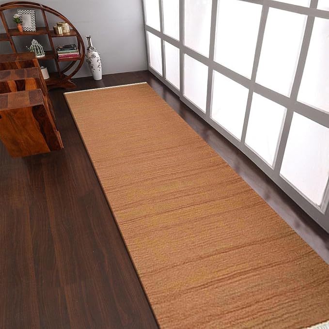 Rugsotic Carpets Hand Woven Flat Weave Kilim Wool ECO-Friendly Area Rugs - 2'6''x6', Runner Shape, Orange Color, Solid Plain Design, Low Pile Handmade Rugs for Living Room, Bed Room (D00111)