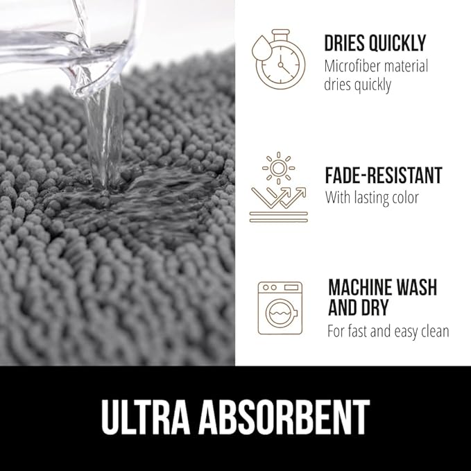 GORILLA GRIP Plush Absorbent Shaggy Chenille Bath Rug Mat for Oval Toilet Base with Rubber Backing, Machine Washable Rugs, Soft Microfiber Contour Mats for Toilets, Bathroom Decor, Grey