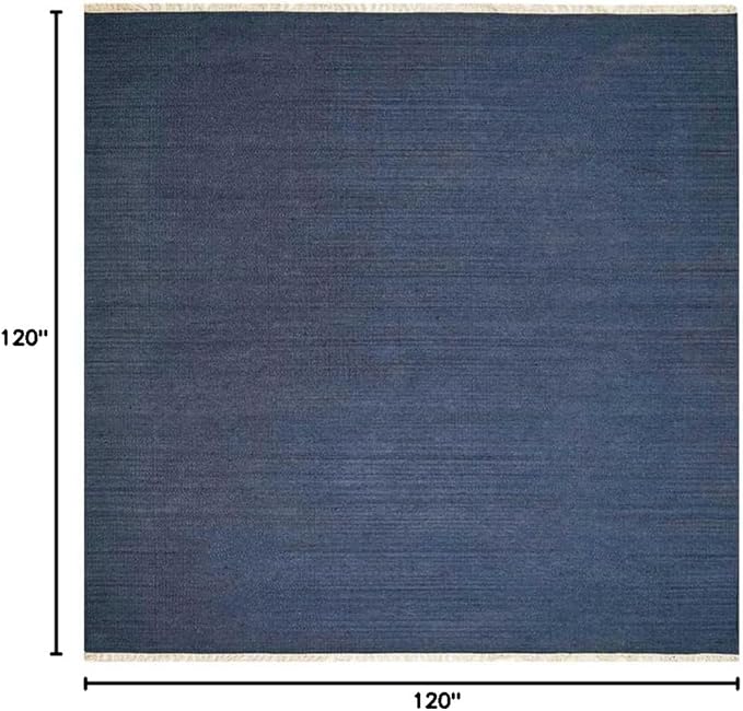 Rugsotic Carpets Hand Woven Flat Weave Kilim Wool ECO-Friendly Area Rugs - 10'x10', Square Shape, Blue Color, Solid Plain Design, Low Pile Handmade Area Rugs for Living Room, Bed Room (D00111)