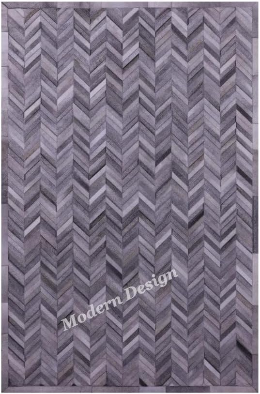 Modern Design Premium Cowhide Leather Carpet with Chevron Pattern, Area Rug (Natural Multi Grey, 4x6)