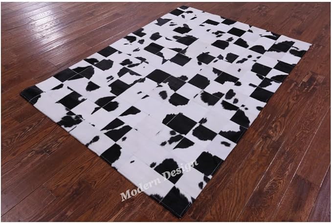 Modern Design Premium Cowhide Leather Carpet with Chevron Pattern, Area Rug (Black/White, 5x8)