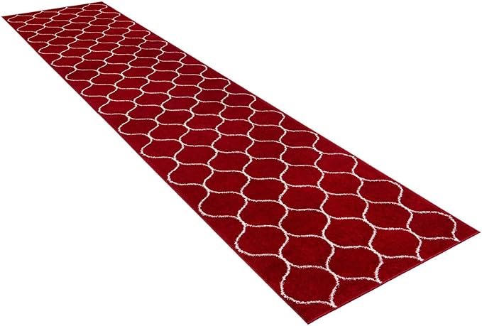 Rugs.com Lattice Frieze Collection Rug – 12 Ft Runner Red Medium-Pile Rug Perfect for Hallways, Entryways