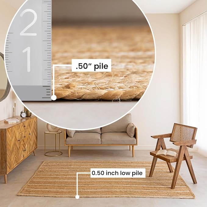 HOMEMONDE Braided Jute Runner Rug 2x6 ft Natural and Off White Stripe - Premium Fiber - Hand Woven Rustic Vintage Reversible Area Rugs for Entryway, Bedroom, Kitchen, Living Room, Dining Room