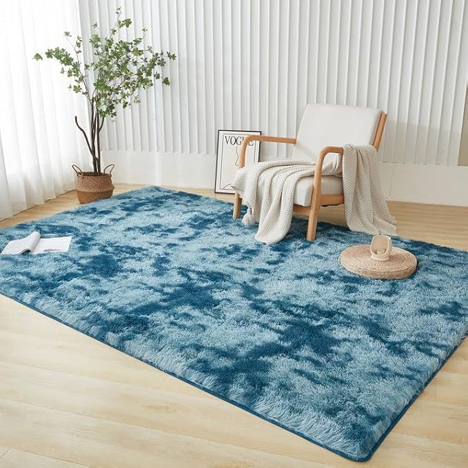 Andency Soft Area Rugs for Living Room Bedroom, 5x8 Fluffy Shaggy Bedside Rug, Non-Slip Large Shag Fuzzy Plush Carpets for Bedroom Kids Dorm Nursery Home Decor Aesthetic, Tie-Dyed Navy Blue