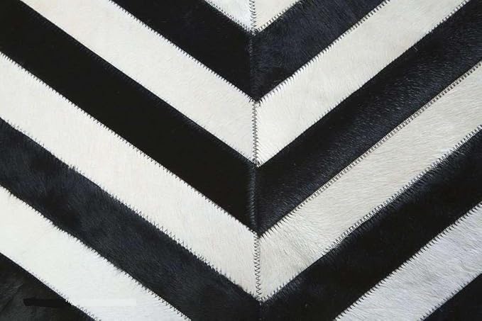 Round Cowhide Rug Black and White – Handmade Genuine Leather Chevron Patchwork Carpet – Modern Luxury Hide Area Rug for Living Room Bedroom Office Rustic Farmhouse Home Décor, (8×8ft)