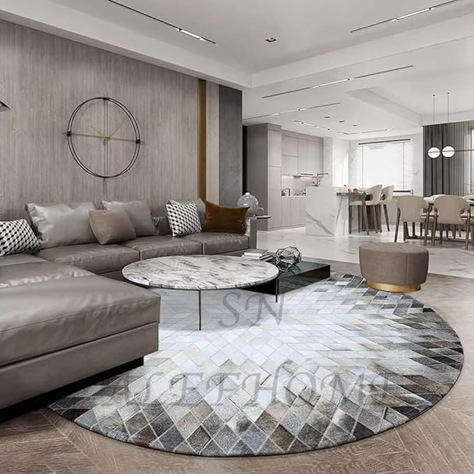 Cowhide Hairon Leather Round Rug, Geometric Patterned Circle Carpet for Living Room, Bedroom, Hall, Brown, 10×10ft