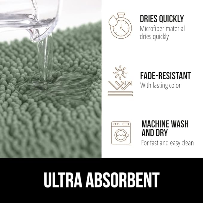 GORILLA GRIP Bath Rug Mat 30x20, Thick Soft Absorbent Chenille, Quick Dry Microfiber Mats, Rubber Backing Washable Shower Floor Rugs, US Designed Bathroom Bathmat Home Decor Accessories, Sage Green
