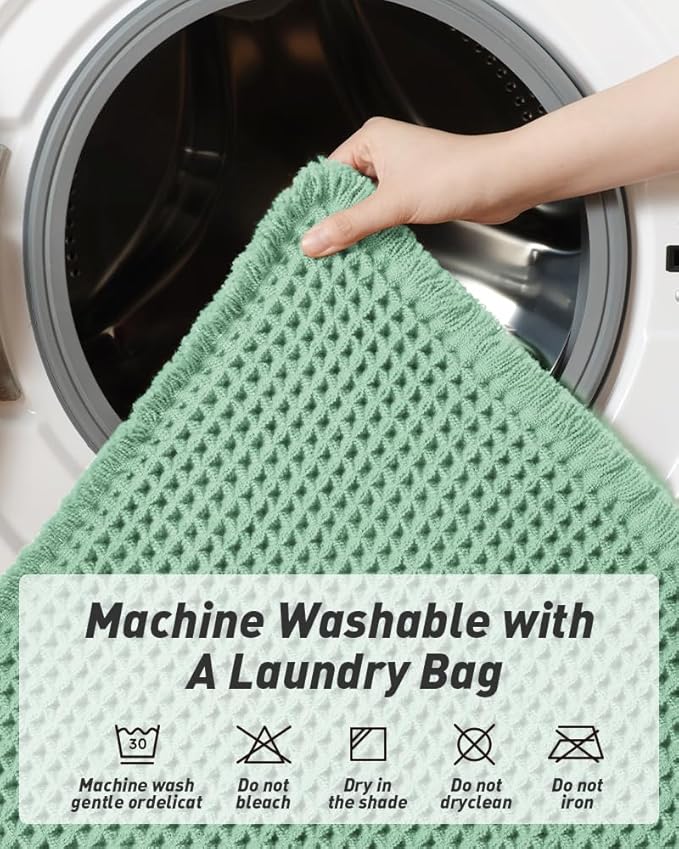 AMOAMI Upgraded Waffle Runner Rug Super Absorbent Non Slip Bath Mats for Bathroom Machine Washable Bathroom Runner Rug with Tassels, Ideal for Hallway Bedroom Laundry Room, 17" x 48", Sage