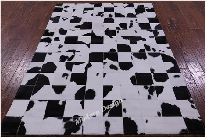 Modern Design Premium Cowhide Leather Carpet with Chevron Pattern, Area Rug (Black/White, 9x12)