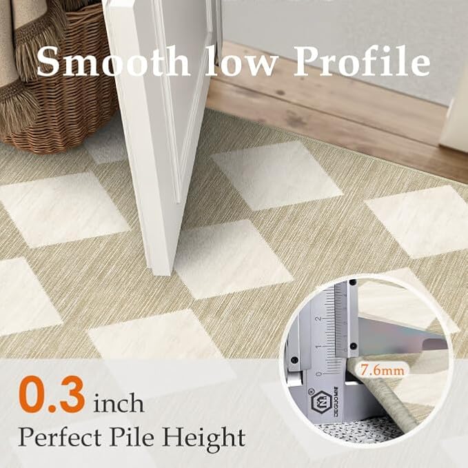 8x10 Checkered Area Rugs for Living Room Beige Machine Washable Large Rug Non-Slip Stain Resistant Low Pile Boho Accent Indoor Throw Carpet for Bedroom Dining Room Home Aesthetic Decor