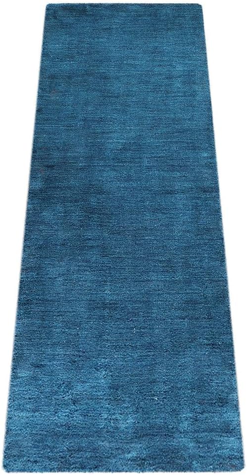 Rugsotic Carpets Hand Knotted Gabbeh Wool 2'6''x10' Runner Rug Solid Blue L00111