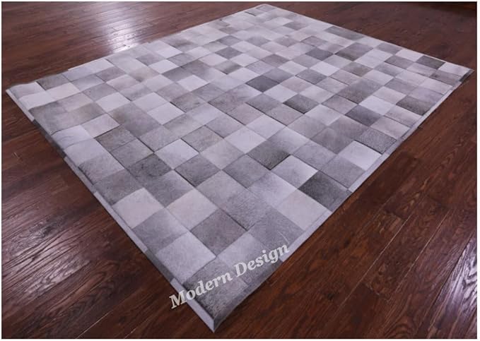 Modern Design Premium Cowhide Leather Carpet with Chevron Pattern, Area Rug (Grey, 5x8)
